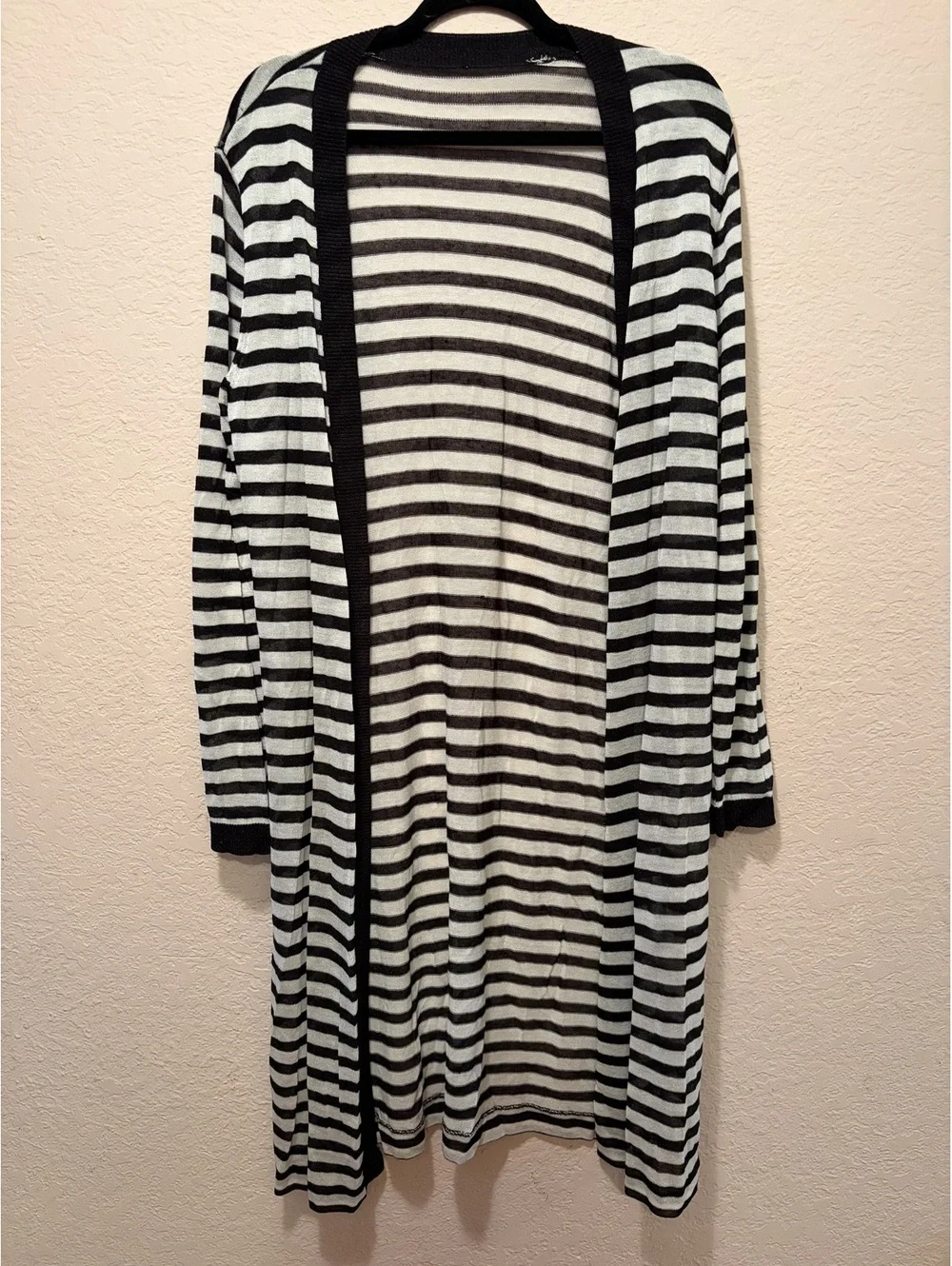 Long Black and White Striped Open Front Cardigan‎